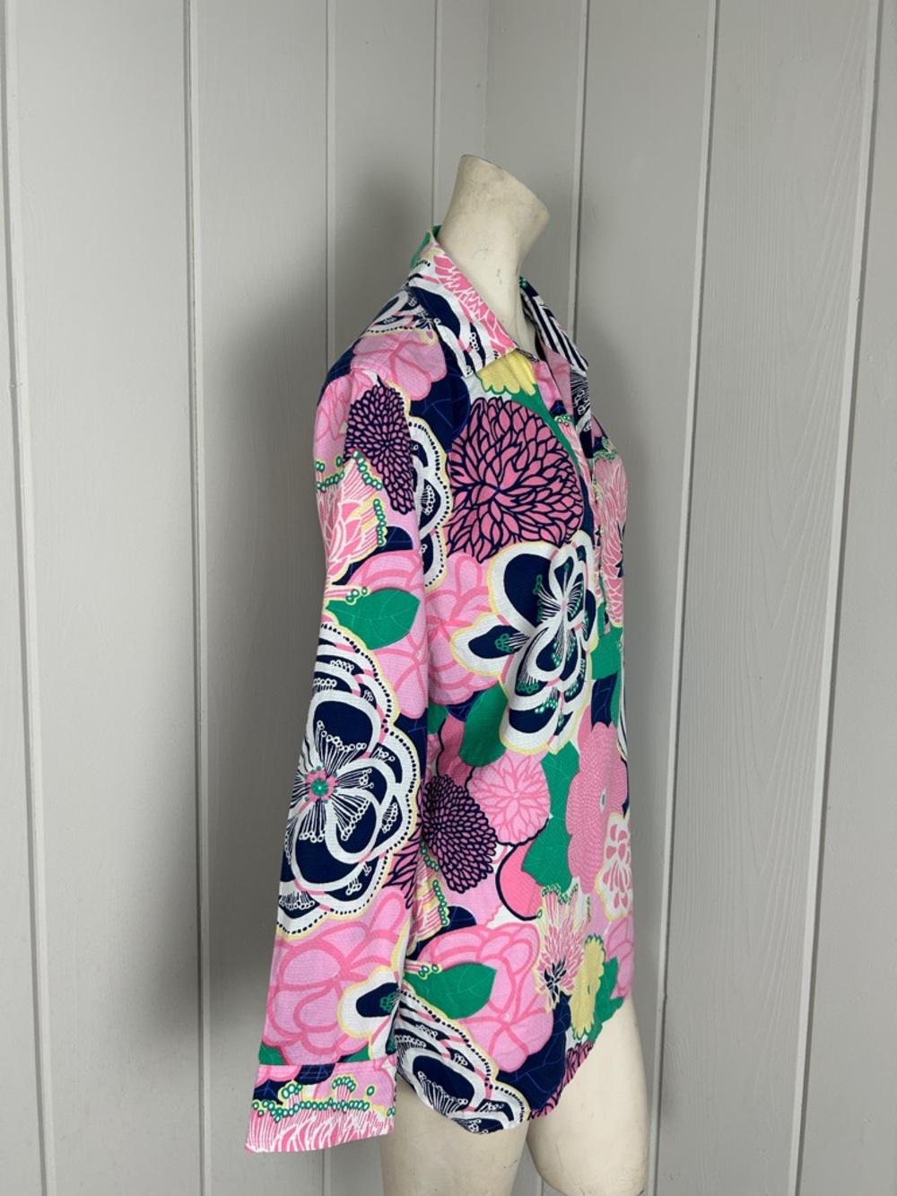 Talbots Floral Tunic Top Pink Blue Green Button Front Cotton Boho Preppy XL - Picture 3 of 10